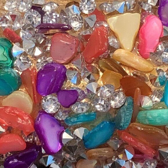 18k Gold Plate Rainbow Sprinkles Gemstone Cuff Multicolor Wide Bangle Bracelet - Picture 7 of 9